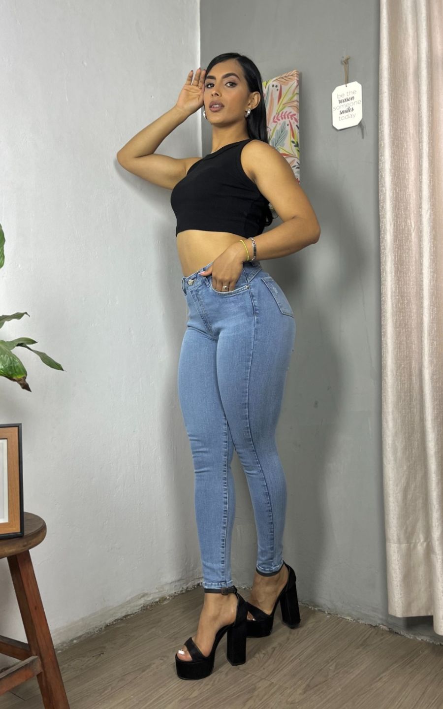 PANTALÓN SKINNY TIRO ALTO CELESTE | FLOWER'S JEANS