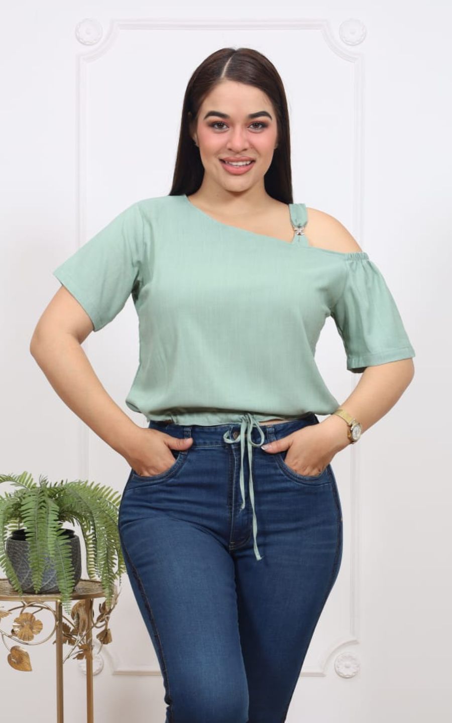 BLUSA VERDE TIRAS | DELFIN ROSA